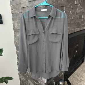 Lush Charcoal Grey Sheer Button Down Shirt